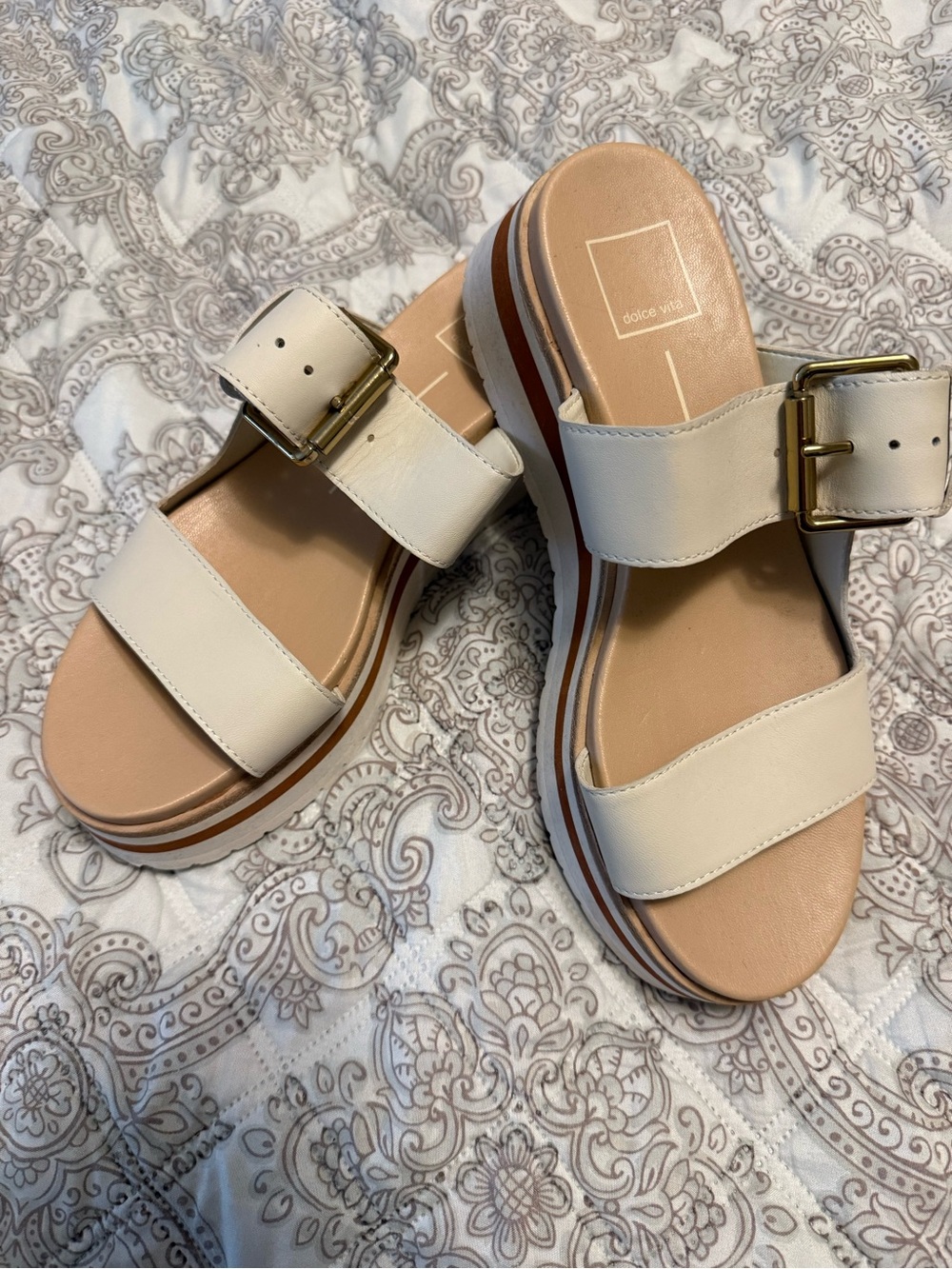 Dolce Vita Cream Platform Slide Sandals with Gold Buckles